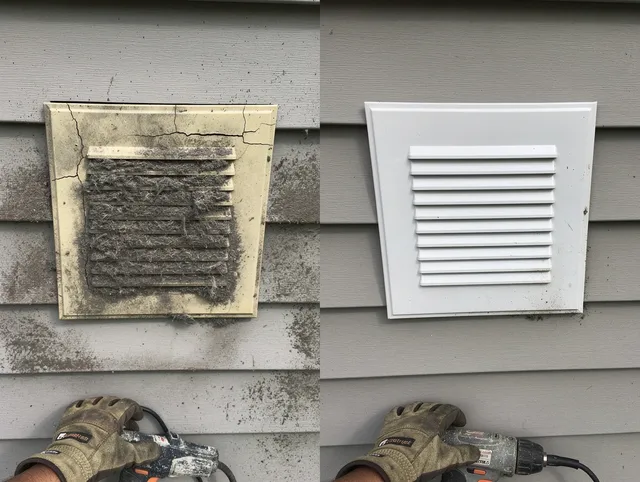 Georgetown Dryer Vent Cleaning technician installing high-quality dryer vent cover at a residential property in Georgetown